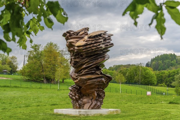 Sculpture, art installation Stack by artist Tony Cragg, Purple Path art and sculpture trail of the European Cultural Region around Chemnitz, spa garden Aue-Bad Schlema, Ore Mountains, Saxony, Germany
