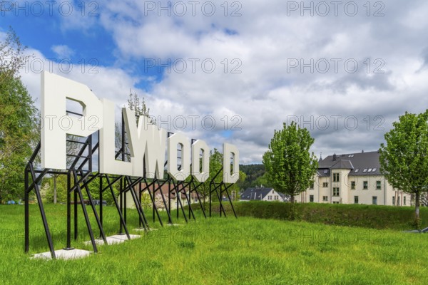 Sculpture, art installation Plywood in the form of Hollywood lettering by artist Jay Gard, Purple Path art and sculpture trail of the European Cultural Region around the cultural capital Chemnitz, Olbernhau, Ore Mountains, Saxony, Germany