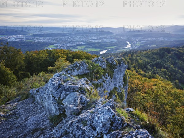 View from the Gisliflue of an autumnal forest with the Jura foothills behind, Talheim, Canton of Aargau, Switzerland