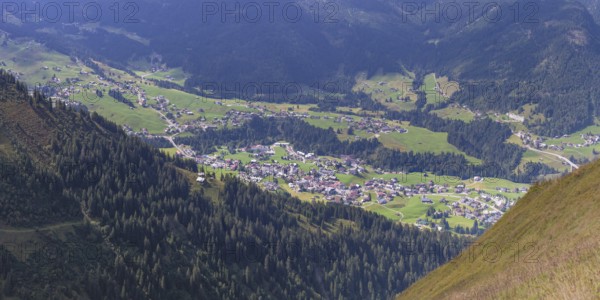 Panorama from the Fellhorn mountain trail, 2037 m, to Söllereck, 1706 m, to Mittelberg in Kleinwalsertal, Allgäu, Vorarlberg, Austria