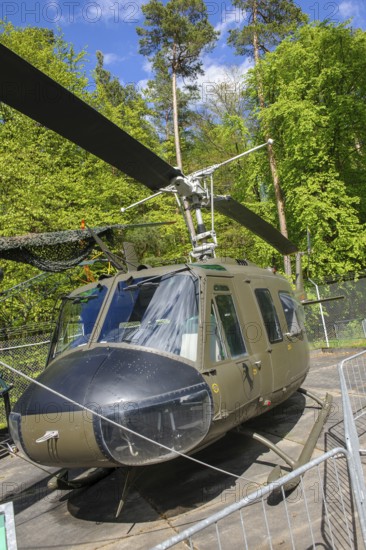 Bell UH-1 D Huey military helicopter from United States Army in open-air museum in Point Alpha open-air museum on former inner-German border between West Germany and GDR Eastern Bloc, Point Alpha Memorial, former zone border, Rasdorf, Hesse, Geisa, Thuringia, Germany