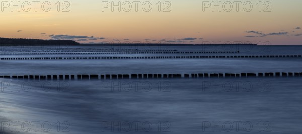 Groothing in the sea, sunset, long exposure, Zingst, Fischland-Darß-Zingst, Western Pomerania Lagoon Area National Park, Mecklenburg-Western Pomerania, Germany