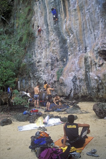 Mountaineers on Railay East Beach, two years in front of the tsunami, Krabi, Thailand, December 2002, vintage, retro, old, historic
