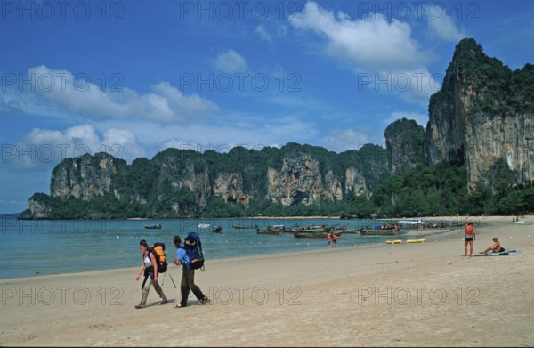 People, longtail boats, beach, Railay West, two years in front of the tsunami, Krabi, Thailand, December 2002, vintage, retro, old, historic