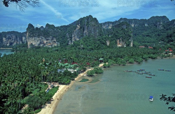 Mountains, sea, beach, boats, view of Railay East from the viewpoint, two years in front of the tsunami, Krabi, Thailand, December 2002, vintage, retro, old, historic