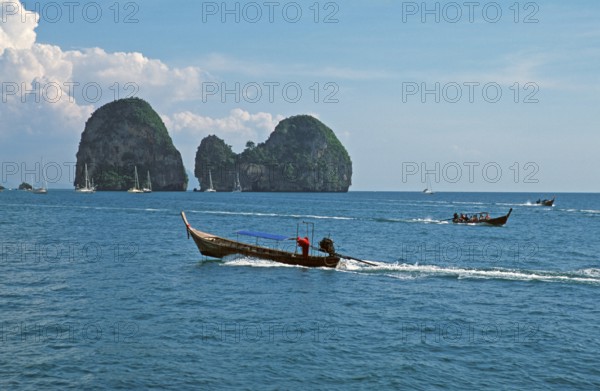 Longtail boats, rocks in the sea, Railay East, two years in front of the tsunami, Krabi, Thailand, December 2002, vintage, retro, old, historic