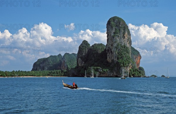 Longtail boat, rocks in the sea, Railay East, two years in front of the tsunami, Krabi, Thailand, December 2002, vintage, retro, old, historic