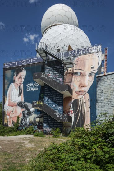Graffiti "When David turned into Goliath" by Akut on the former US eavesdropping facility on Teufelsberg in Grunewald, Berlin, Germany