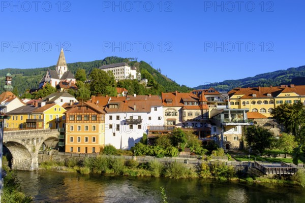 Murau with Obermurau Castle and St. Matthew Church, Mur River, Styria, Austria