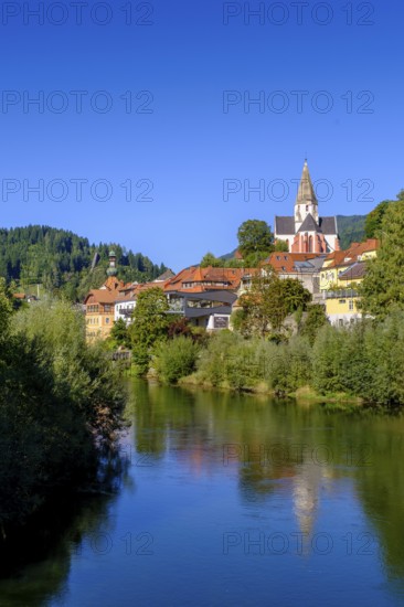 Murau with Obermurau Castle and St. Matthew Church, Mur River, Styria, Austria