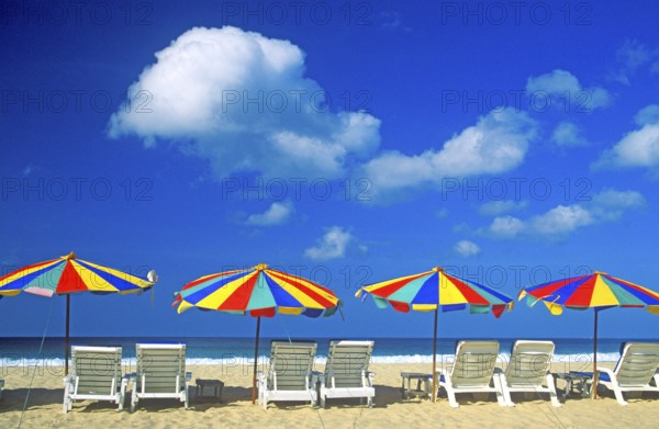 Umbrellas and sun loungers on Karon Beach, two years in front of the tsunami, Ko Phuket, Thailand, December 2002, vintage, retro, old, historic