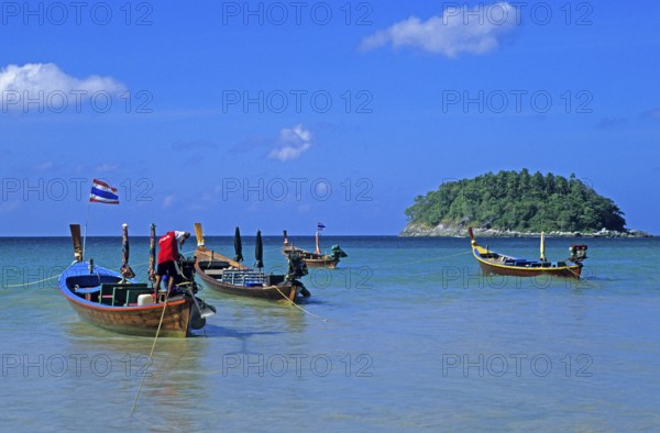 Longtail boats, island, Kata Beach, two years in front of the tsunami, Ko Phuket, Thailand, December 2002, vintage, retro, old, historic