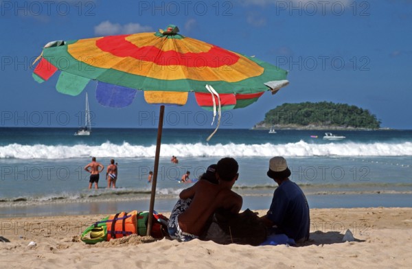 People, parasol, island, Kata Beach, two years in front of the tsunami, Ko Phuket, Thailand, December 2002, vintage, retro, old, historic
