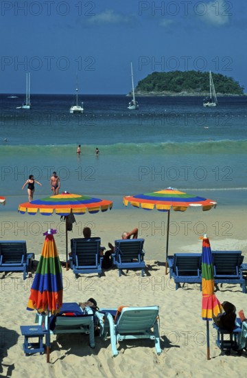 People, umbrellas, boats, island, Kata Beach, two years in front of the tsunami, Ko Phuket, Thailand, December 2002, vintage, retro, old, historic