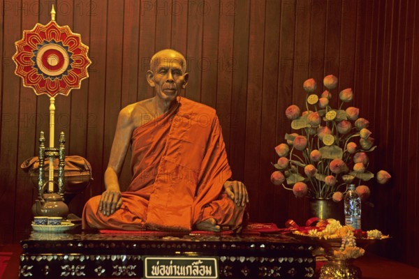 Wax monk at Wat Chalong monastery, Ko Phuket, Thailand, December 2002, vintage, retro, old, historic