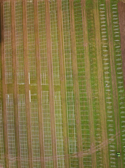Pattern of solar system frames in fields, from a bird's eye view, Energiewende, construction of PV open space, Baden-Württemberg, Germany