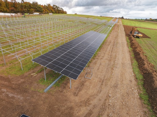 Solar plant construction frames cover large fields, energy transition, construction of PV open space, Baden-Württemberg, Germany