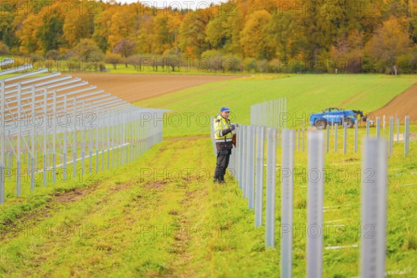 A worker installs poles in a field on a clear autumn day, Energiewende, construction of PV open space, Baden-Württemberg, Germany
