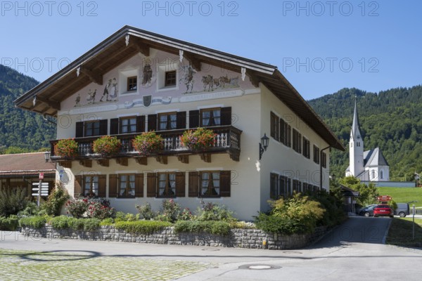 Tourist Information, Library, Town Hall, Typical Bavarian House with Flower Decorations, Kreuth, Tegernsee Valley, Upper Bavaria, Bavaria, Germany