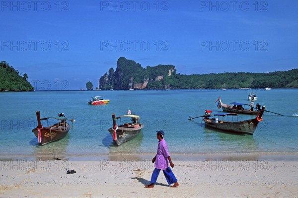 Longtail boats on Ko Phi Phi Don beach, two years in front of the tsunami, Thailand, December 2002, vintage, retro, old, historic