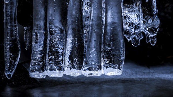 Close-up of blue icicles. Cool, frosty atmosphere reflecting the winter cold, Zwickenbach, Zwickenbachtal, Melle, Lower Saxony, Germany