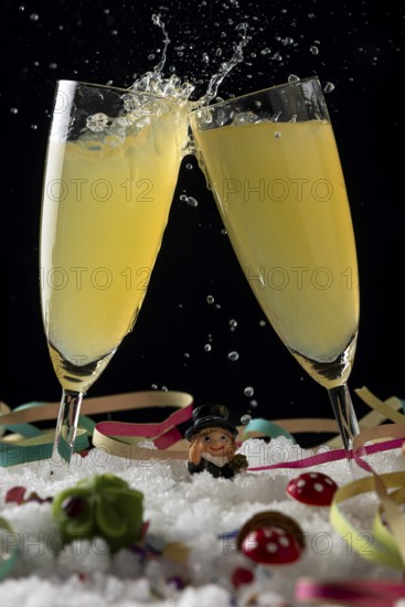 Two sparkling champagne glasses in the snow with lucky New Year's Day charms