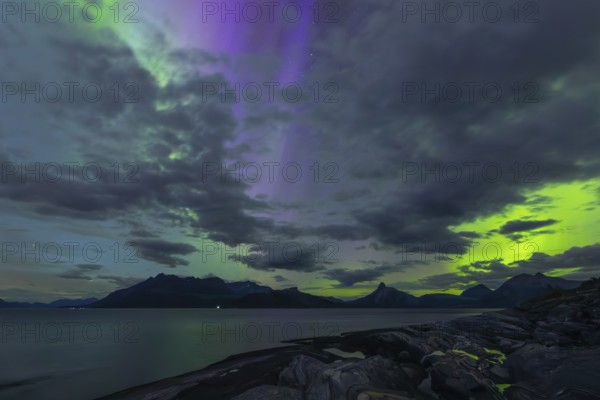 The Vestfjord in Nordland, Norway, has an enchanting atmosphere at night. Dark clouds and vivid aurora, polar lights dance over the fjord. The rugged cliffs and majestic mountains are reflected in the calm water and create a mystical backdrop