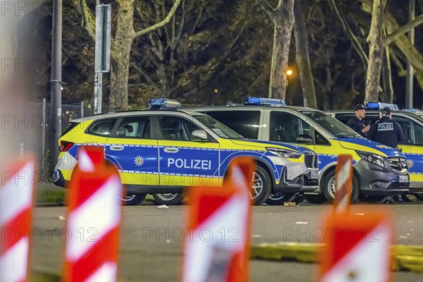 High-risk game at the MHP Arena Stuttgart. VfB Stuttgart will face Maccabi Tel Aviv's team in the Europa-League. Strong police forces secure the area around the stadium on Mercedesstraße. Police cars. Stuttgart, Baden-Württemberg, Germany
