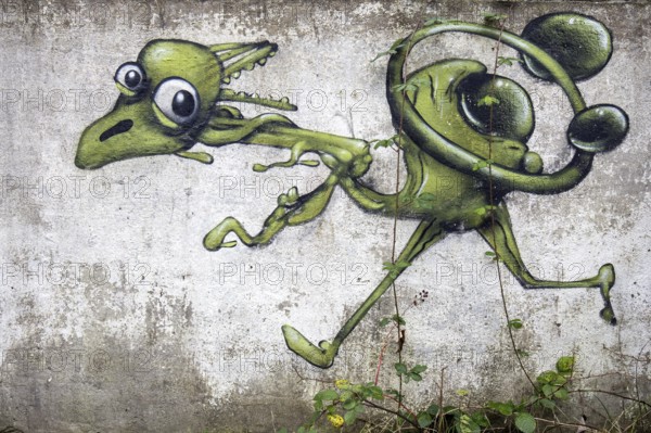 Grafity on an old wall, dilapidated plant of a former agricultural production cooperative of the former GDR, LPG, Lost Place, Müggenburg, Fischland-Darß-Zingst, Western Pomerania National Park, Mecklenburg-Western Pomerania, Germany