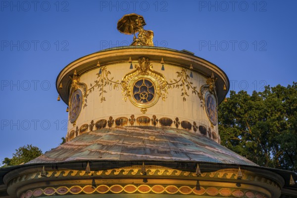 Chinese house in the evening light, tea house with golden sculptures, Sanssouci Park, Potsdam