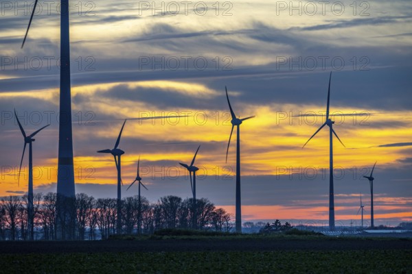 Sunset at Issum wind farm, Lower Rhine, North Rhine-Westphalia, Germany
