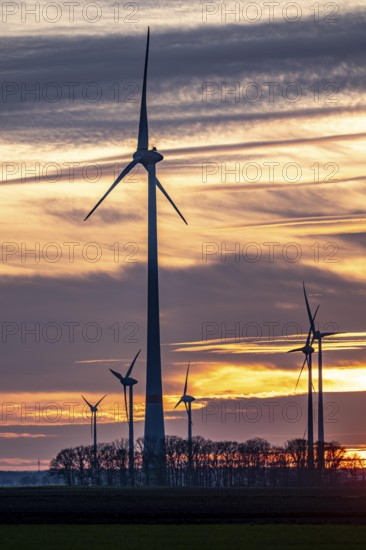 Sunset at Issum wind farm, Lower Rhine, North Rhine-Westphalia, Germany