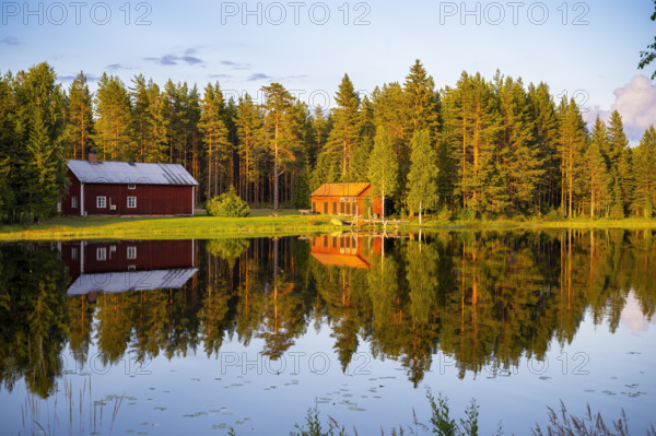 Two red houses are reflected in a quiet lake surrounded by forest under the warm light of the setting sun, Östana, Värmland, Sweden
