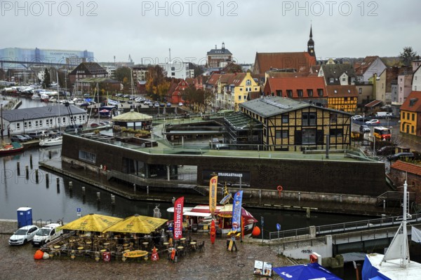View of the ferry channel and houses of Stralsund Hanseatic City of Stralsund, Vorpommern-Rügen District, Mecklenburg-Western Pomerania, Germany