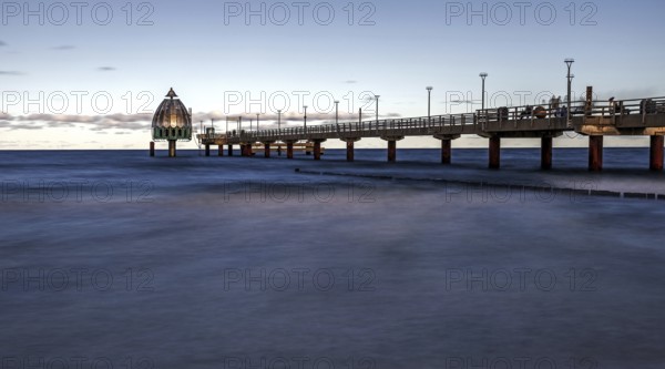 Pier with diving gondola, panorama, long exposure, evening light, Zingst, Fischland-Darß-Zingst, Western Pomerania Lagoon Area National Park, Mecklenburg-Western Pomerania, Germany