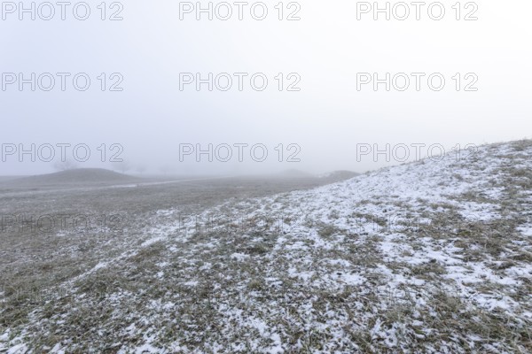 Mystical Celtic burial mounds in winter fog near Erkenbrechtsweiler. Snowy historic burial sites on Heidengraben in the Swabian Jura in an atmospheric winter atmosphere