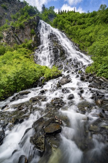 Bridalveil Falls waterfall, canyon, long exposure, Keystone Canyon, Richardson Highway, Alaska, USA