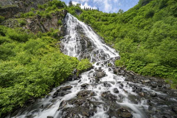 Bridalveil Falls waterfall, canyon, long exposure, Keystone Canyon, Richardson Highway, Alaska, USA