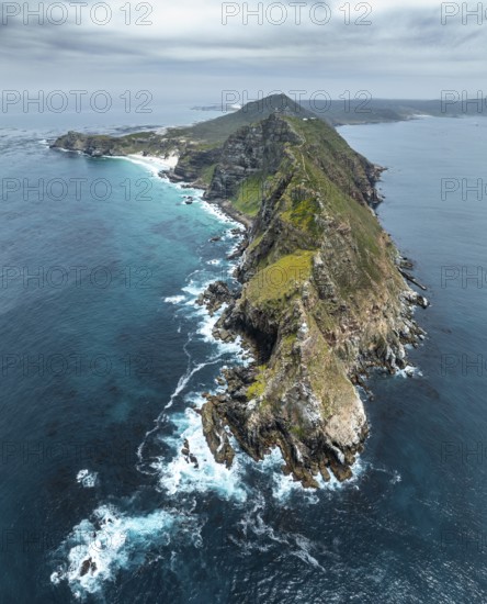 Aerial view, cliffs and sea at Cape of Good Hope, Cape Point Lighthouse, Cape Peninsula, Cape Point Nature Reserve, Cape Town, South Africa