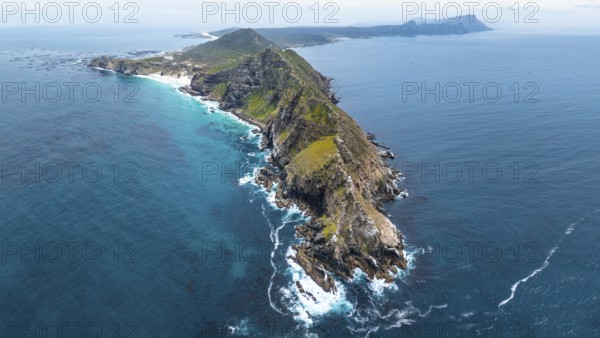 Aerial view, cliffs and sea at Cape of Good Hope, Cape Point Lighthouse, Cape Peninsula, Cape Point Nature Reserve, Cape Town, South Africa