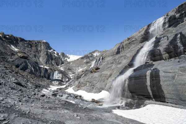 Glacier Ice and Waterfall, Worthington Glacier, Worthington Glacier State Recreational Site, Chugach Mountains, Alaska, USA