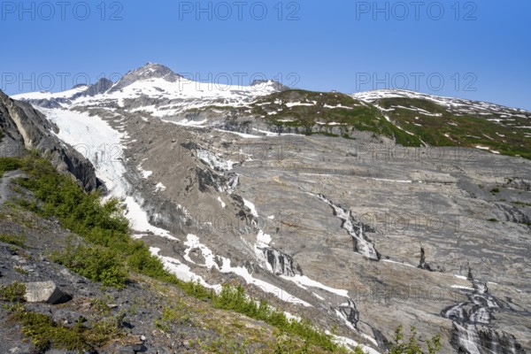 View of the remains of the Worthington Glacier tongue, Worthington Glacier Lagoon, Worthington Glacier State Recreational Site, Chugach Mountains, Alaska, USA
