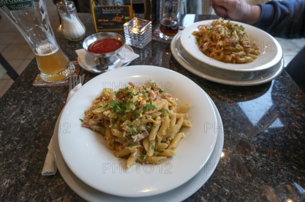 Ham noodles served in a café, Lauf an der Pegnitz, Middle Franconia, Bavaria, Germany
