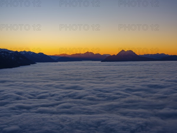 Dusk in the mountains, in the Fog Sea Valley, Chiemgau Alps, Upper Bavaria, Bavaria, Germany