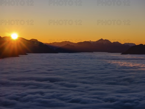 Sunset in the mountains, in the Fog Sea valley, Chiemgau Alps, Upper Bavaria, Bavaria, Germany