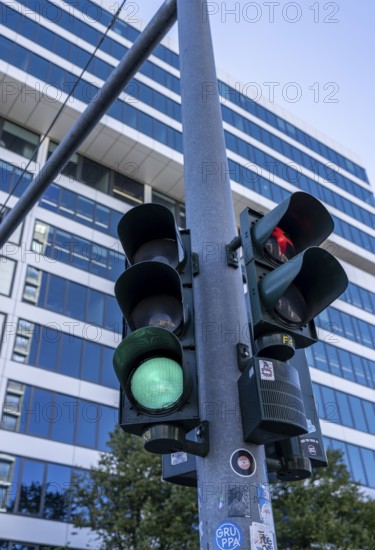 Traffic light at Ernst Reuter Platz in Berlin-Charlottenburg, frog-eye view, Berlin, Germany