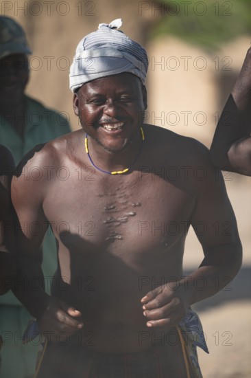 Traditional dance, men of the Hakaona tribe also Havakona or Hakawona, near Opuwo, Kunene, Namibia