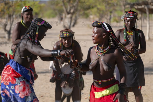 Traditional dance, brightly decorated woman of the Hakaona tribe, also Havakona or Hakawona, near Opuwo, Kunene, Namibia
