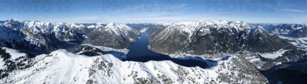 Alpine panorama, aerial view, epic view of mountain landscape with snow in winter, Bärenkopf summit, Achensee, Tyrol, Austria
