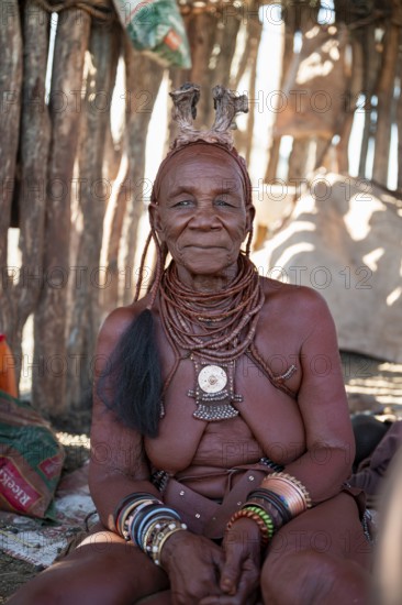Elderly Himba woman, portrait, traditional Himba village, Kaokoveld, Kunene, Namibia